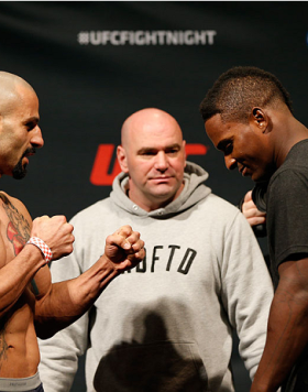 CINCINNATI, OH - MAY 09:  (L-R) Opponents Costas Philippou adn Lorenz Larkin face off during the UFC weigh-in at the U.S. Bank Arena on May 9, 2014 in Cincinnati, Ohio. (Photo by Josh Hedges/Zuffa LLC/Zuffa LLC via Getty Images)