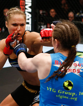 SAN DIEGO, CA - AUGUST 18:  (L-R) Ronda Rousey punches Sarah Kaufman during the Strikeforce event at Valley View Casino Center on August 18, 2012 in San Diego, California. (Photo by Esther Lin/Forza LLC/Forza LLC via Getty Images)