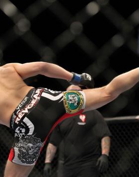 LAS VEGAS, NV - FEBRUARY 04:  Stephen Thompson (left) kicks Dan Stittgen during the UFC 143 event at Mandalay Bay Events Center on February 4, 2012 in Las Vegas, Nevada.  (Photo by Josh Hedges/Zuffa LLC/Zuffa LLC via Getty Images) *** Local Caption *** St