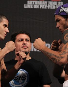 BELO HORIZONTE, BRAZIL - JUNE 22:   (L-R) Opponents Felipe Arantes and Milton Vieira face off after making weight during the UFC 147 weigh in at EstÃ¡dio Jornalista Felipe Drummond on June 22, 2012 in Belo Horizonte, Brazil.  (Photo by Josh Hedges/Zuffa L