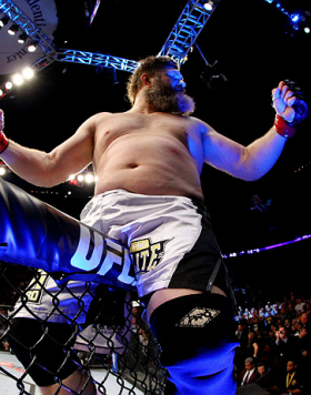 NEWARK, NJ - APRIL 27:  Roy Nelson sits on the side of the octagon in celebration of his win by knockout against Cheick Kongo of France in their heavyweight bout during the UFC 159 event at the Prudential Center on April 27, 2013 in Newark, New Jersey.  (
