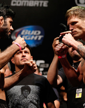 RIO DE JANEIRO, BRAZIL - AUGUST 02:  (L-R) Opponents Viscardi Andrade and Bristol Marunde face off during the UFC 163 weigh-in at HSBC Arena on August 2, 2013 in Rio de Janeiro, Brazil. (Photo by Josh Hedges/Zuffa LLC/Zuffa LLC via Getty Images)