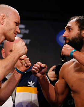 MONTREAL, CANADA - NOVEMBER 16: (L-R) Opponents Martin Kampmann and Johny Hendricks face off during the official UFC 154 weigh in at New City Gas on November 16, 2012 in Montreal, Quebec, Canada. (Photo by Josh Hedges/Zuffa LLC/Zuffa LLC via Getty Images)