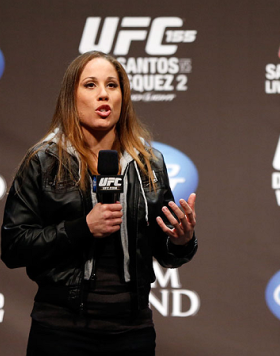 LAS VEGAS, NV - DECEMBER 28:  Liz Carmouche interacts with fans during a Q&A session before the UFC 155 weigh-in on December 28, 2012 at MGM Grand Garden Arena in Las Vegas, Nevada. (Photo by Josh Hedges/Zuffa LLC/Zuffa LLC via Getty Images)