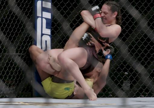  Ariane Lipski of Brazil secures a knee bar submission against Luana Carolina of Brazil in their flyweight bout during the UFC Fight Night event inside Flash Forum on UFC Fight Island on July 19, 2020