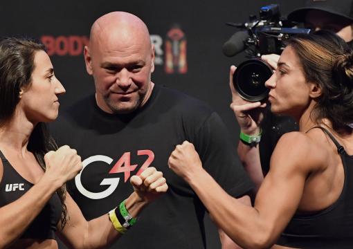 Marina Rodriguez of Brazil and Amanda Ribas of Brazil face off during the UFC 257 weigh-in at Etihad Arena on UFC Fight Island on January 22, 2021 in Abu Dhabi, United Arab Emirates. (Photo by Jeff Bottari/Zuffa LLC)
