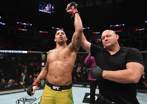 Eryk Anders celebrates after defeating Vinicius Moreira of Brazil in their light heavyweight bout during the UFC Fight Night event at the Target Center on June 29, 2019 in Minneapolis, Minnesota. (Photo by Josh Hedges/Zuffa LLC)