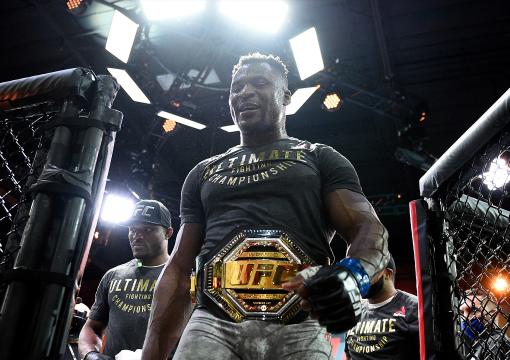 Francis Ngannou of Cameroon reacts after his victory over Stipe Miocic in their UFC heavyweight championship fight during the UFC 260 event at UFC APEX on March 27, 2021 in Las Vegas, Nevada. (Photo by Chris Unger/Zuffa LLC)