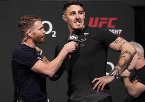 Tom Aspinall of England is interviewed by Paul Felder during the UFC Fight Night ceremonial weigh-in at O2 Arena on March 18, 2022 in London, England. (Photo by Chris Unger/Zuffa LLC)