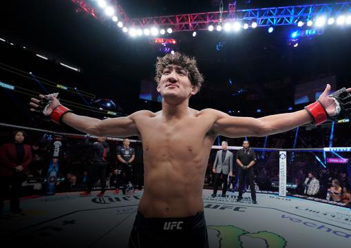 Raul Rosas Jr. reacts after defeating Jay Perrin in a featherweight fight during the UFC 282 event at T-Mobile Arena on December 10, 2022 in Las Vegas, Nevada. (Photo by Chris Unger/Zuffa LLC)
