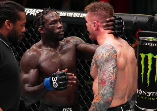 Jared Cannonier and Marvin Vettori of Italy talk after their middleweight fight during the UFC Fight Night event at UFC APEX on June 17, 2023 in Las Vegas, Nevada. (Photo by Chris Unger/Zuffa LLC)