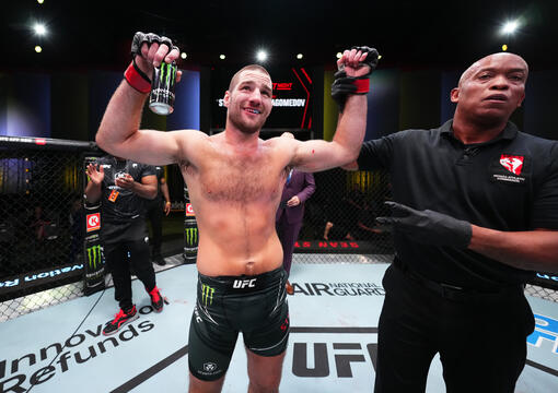 Sean Strickland reacts after his victory over Abus Magomedov of Russia in a middleweight fight during the UFC Fight Night event at UFC APEX on July 01, 2023 in Las Vegas, Nevada. (Photo by Chris Unger/Zuffa LLC)