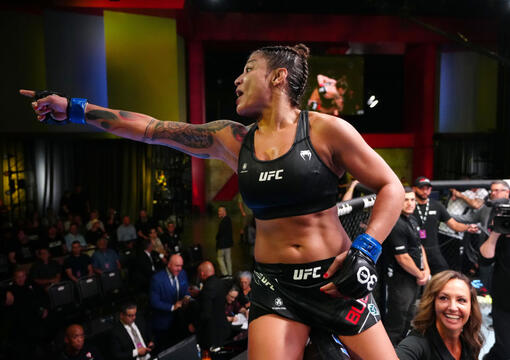 Mayra Bueno Silva of Brazil reacts after her submission victory over Holly Holm in their women's bantamweight fight during the UFC Fight Night at UFC APEX on July 15, 2023 in Las Vegas, Nevada. (Photo by Jeff Bottari/Zuffa LLC)