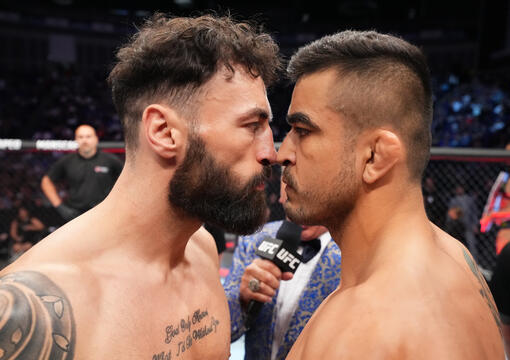 Paul Craig of Scotland and Andre Muniz of Brazil face off before their middleweight fight during the UFC Fight Night at The O2 Arena on July 22, 2023 in London, England. (Photo by Chris Unger/Zuffa LLC)