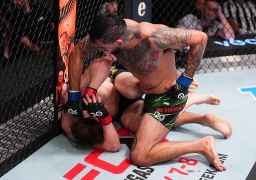 Anthony Hernandez punches Edmen Shahbazyan in a middleweight fight during the UFC Fight Night event at UFC APEX on May 20, 2023 in Las Vegas, Nevada. (Photo by Chris Unger/Zuffa LLC)