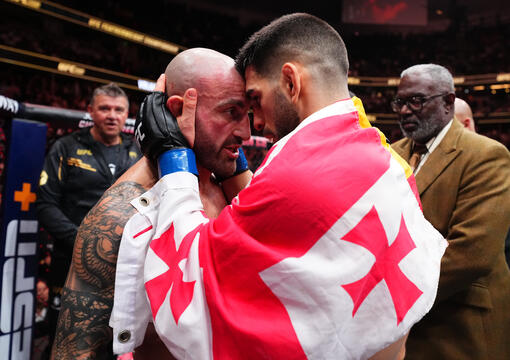 Ilia Topuria of Germany and Alexander Volkanovski of Australia talk after their UFC featherweight championship fight during the UFC 298 event at Honda Center on February 17, 2024 in Anaheim, California. (Photo by Chris Unger/Zuffa LLC)