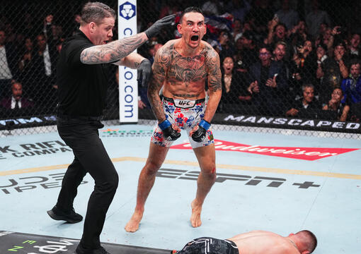 Max Holloway reacts to the knockout of Justin Gaethje in the BMF championship fight during the UFC 300 event at T-Mobile Arena on April 13, 2024 in Las Vegas, Nevada. (Photo by Jeff Bottari/Zuffa LLC)