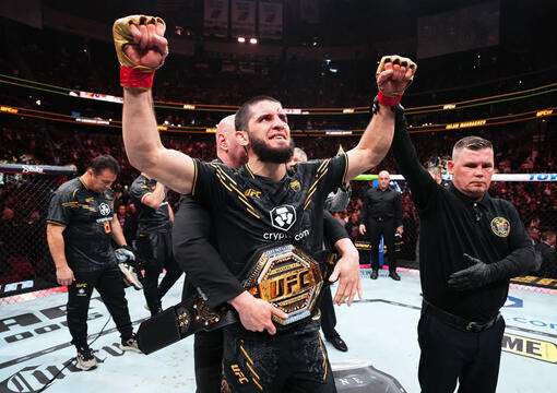 Islam Makhachev of Russia reacts after his submission victory against Dustin Poirier in the UFC lightweight championship fight during the UFC 302 event at Prudential Center on June 01, 2024 in Newark, New Jersey. (Photo by Jeff Bottari/Zuffa LLC via Getty Images)