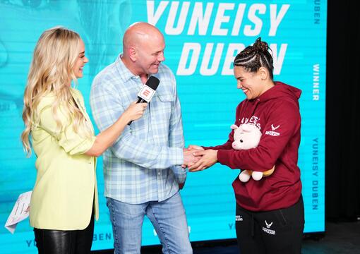 Yuneisy Duben of Venezuela reacts after being awarded a UFC contract by UFC CEO Dana White during Dana White's Contender Series season eight, week four at UFC APEX on September 3, 2024 in Las Vegas, Nevada. (Photo by Jeff Bottari/Zuffa LLC)