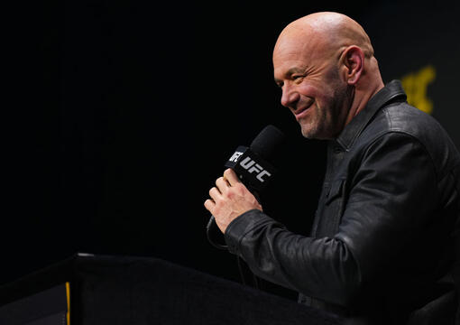 UFC CEO Dana White is seen on stage during the UFC 2024 seasonal press conference at MGM Grand Garden Arena on December 15, 2023 in Las Vegas, Nevada. (Photo by Cooper Neill/Zuffa LLC)