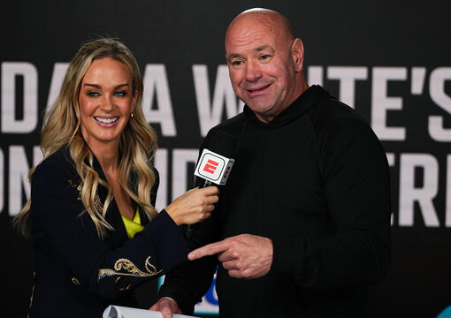 UFC broadcaster Laura Sanko interacts with UFC CEO Dana White as he announces the contract winners during Dana White's Contender Series season eight, week eight event at UFC Apex on October 1, 2024 in Las Vegas, Nevada. (Photo by Chris Unger/Zuffa LLC)