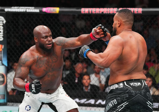 Derrick Lewis punches Rodrigo Nascimento of Brazil in a heavyweight fight during the UFC Fight Night event at Enterprise Center on May 11, 2024 in St Louis, Missouri. (Photo by Josh Hedges/Zuffa LLC)