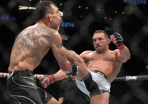 Michael Chandler knocks out Tony Ferguson in a lightweight fight during the UFC 274 event at Footprint Center on May 07, 2022 in Phoenix, Arizona. (Photo by Jeff Bottari/Zuffa LLC)