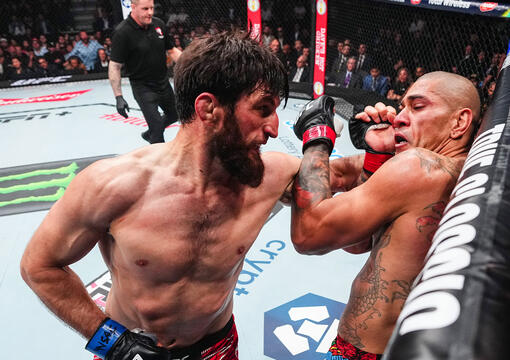 Magomed Ankalaev of Russia strikes Alex Pereira of Brazil in the UFC light heavyweight championship fight during the UFC 313 event at T-Mobile Arena on March 08, 2025 in Las Vegas, Nevada. (Photo by Jeff Bottari/Zuffa LLC)