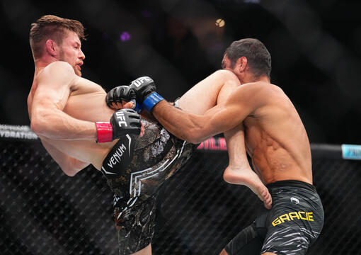 Bryce Mitchell knees Kron Gracie of Brazil in a featherweight bout during the UFC 310 event at T-Mobile Arena on December 07, 2024 in Las Vegas, Nevada. (Photo by Chris Unger/Zuffa LLC)