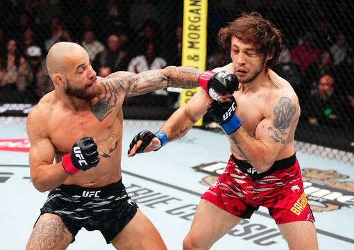 Jean Silva of Brazil punches Melsik Baghdasaryan of Armenia in a featherweight fight during the UFC Fight Night event at Climate Pledge Arena on February 22, 2025 in Seattle, Washington. (Photo by Chris Unger/Zuffa LLC)