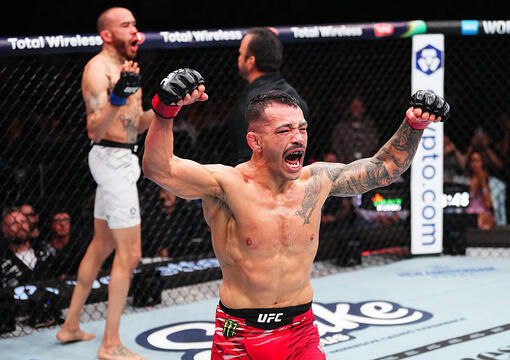 Dan Ige reacts after a TKO victory against Sean Woodson in a featherweight bout during the UFC 314 event at Kaseya Center on April 12, 2025 in Miami, Florida. (Photo by Jeff Bottari/Zuffa LLC)