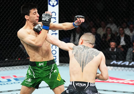 Kai Kara-France punches Steve Erceg in a flyweight fight during the UFC 305 event at RAC Arena on August 18, 2024 in Perth, Australia. (Photo by Jeff Bottari/Zuffa LLC)