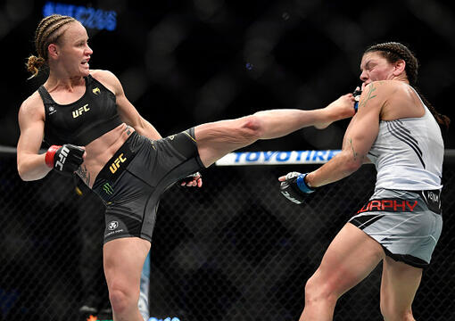Valentina Shevchenko of Kyrgyzstan kicks Lauren Murphy in their UFC flyweight championship fight during the UFC 266 event on September 25, 2021 in Las Vegas, Nevada. (Photo by Chris Unger/Zuffa LLC)