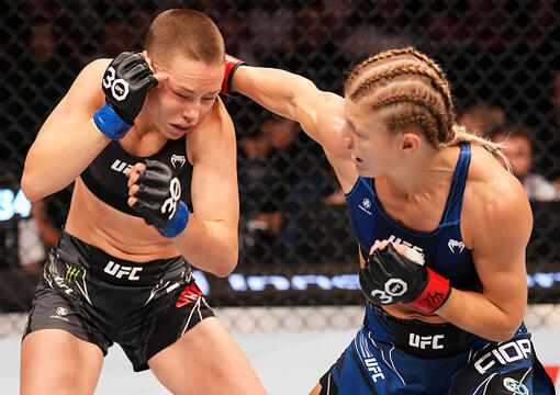 Manon Fiorot of France punches Rose Namajunas in a flyweight fight during the UFC Fight Night event at The Accor Arena on September 02, 2023 in Paris, France. (Photo by Josh Hedges/Zuffa LLC)