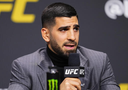 Ilia Topuria is seen on stage during the UFC 2024 seasonal press conference at MGM Grand Garden Arena on December 15, 2023 in Las Vegas, Nevada. (Photo by Chris Unger/Zuffa LLC)