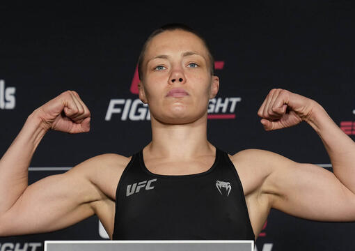 Rose Namajunas poses on the scale during the UFC Fight Night weigh-in on June 13, 2025 in Atlanta, Georgia. (Photo by Mike Roach/Zuffa LLC)