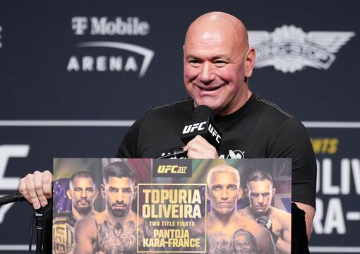 UFC CEO Dana White is seen on stage during the UFC 317 press conference at T-Mobile Arena on June 26, 2025 in Las Vegas, Nevada. (Photo by Jeff Bottari/Zuffa LLC)