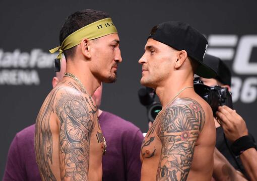 Max Holloway and Dustin Poirier face off during the UFC 236 weigh-in at State Farm Arena on April 12, 2019 in Atlanta, Georgia