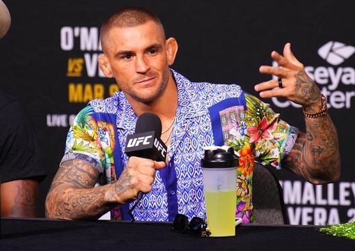 Dustin Poirier is seen on stage during the UFC 299 press conference at Kaseya Center on March 07, 2024 in Miami, Florida