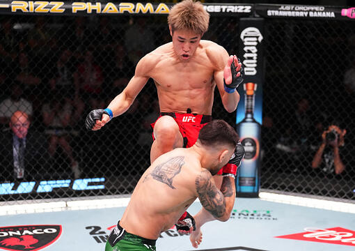 Tatsuro Taira of Japan knees Alex Perez in a flyweight fight during the UFC Fight Night event at UFC APEX on June 15, 2024 in Las Vegas, Nevada. (Photo by Chris Unger/Zuffa LLC)