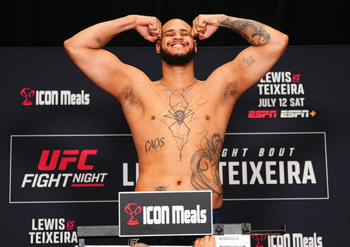 Tallison Teixeira of Brazil poses on the scale during the UFC Fight Night weigh-in on July 11, 2025 in Nashville, Tennessee. (Photo by Jeff Bottari/Zuffa LLC)