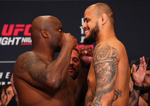Opponents Derrick Lewis and Tallison Teixeira of Brazil face off during the UFC Fight Night weigh-in on July 11, 2025 in Nashville, Tennessee. (Photo by Jeff Bottari/Zuffa LLC)