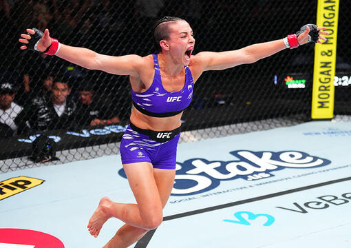 Fatima Kline reacts after a victory against Melissa Martinez of Mexico in a strawweight fight during the UFC Fight Night event at Bridgestone Arena on July 12, 2025 in Nashville, Tennessee. (Photo by Jeff Bottari/Zuffa LLC)