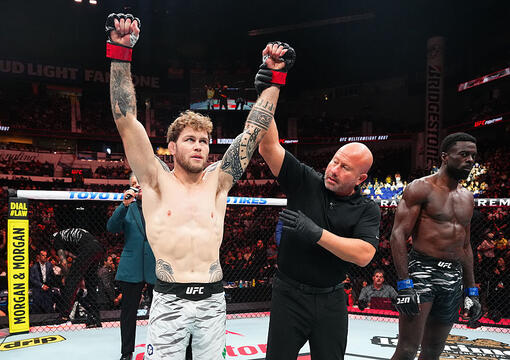 Jake Matthews of Australia reacts after a victory against Chidi Njokuani in a welterweight fight during the UFC Fight Night event at Bridgestone Arena on July 12, 2025 in Nashville, Tennessee. (Photo by Jeff Bottari/Zuffa LLC)
