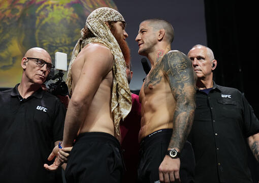  Opponents Shara Magomedov of Russia and Marc-Andre Barriault of Canada face off during the UFC Fight Night ceremonial weigh-in at Etihad Arena on July 25, 2025 in Abu Dhabi, United Arab Emirates. (Photo by Mike Roach/Zuffa LLC)