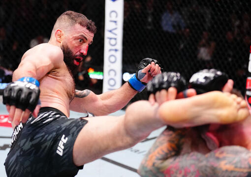Roman Dolidze of Georgia kicks Marvin Vettori of Italy in a middleweight fight during the UFC Fight Night event at UFC APEX on March 15, 2025 in Las Vegas, Nevada. (Photo by Chris Unger/Zuffa LLC)