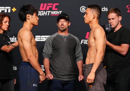 Opponents Tatsuro Taira of Japan and HyunSung Park of South Korea face off during the UFC Fight Night weigh-in at UFC APEX on August 01, 2025 in Las Vegas, Nevada. (Photo by Chris Unger/Zuffa LLC)