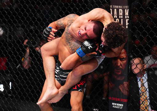 Austin Bashi secures a rear choke submission against John Yannis in a featherweight fight during the UFC Fight Night event at UFC APEX on August 02, 2025 in Las Vegas, Nevada. (Photo by Chris Unger/Zuffa LLC)