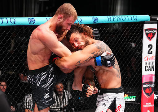 Andrey Pulyaev of Russia knees Nick Klein in a middleweight fight during the UFC Fight Night event at UFC APEX on August 02, 2025 in Las Vegas, Nevada. (Photo by Chris Unger/Zuffa LLC)