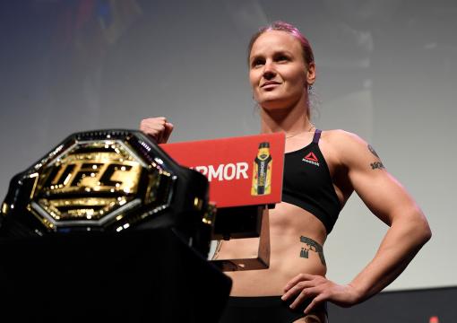 Valentina Shevchenko of Kyrgyzstan poses on the scale during the UFC 247 ceremonial weigh-in at the Toyota Center on February 7 2020 in Houston TX (Photo by Mike Roach/Zuffa LLCs)